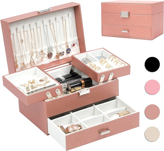 Dajasan Jewelry Organizer Box, Jewelry Box Organizer for Women Girls, 3 Layers Large Jewelry Storage Case for Earring, Rings, Necklaces Bracelets, Watch (Rose Gold)