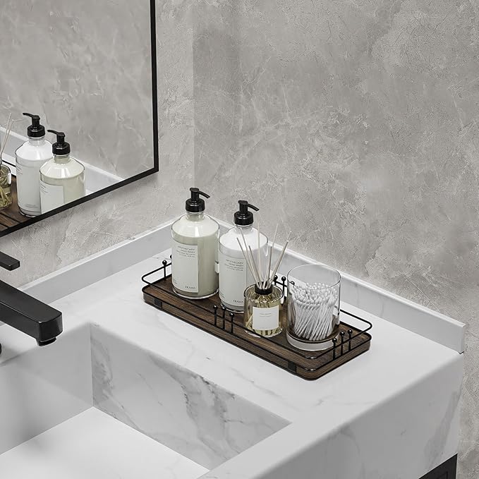 Bathroom Vanity Tray for Countertop Toiletries Perfume Makeup Soap Dispenser Toilet Tank, Kitchen Tray for Salt Spice, Decor Tray for Candle Nightstand Coffee 11.3”x 4.4” Brown-Black