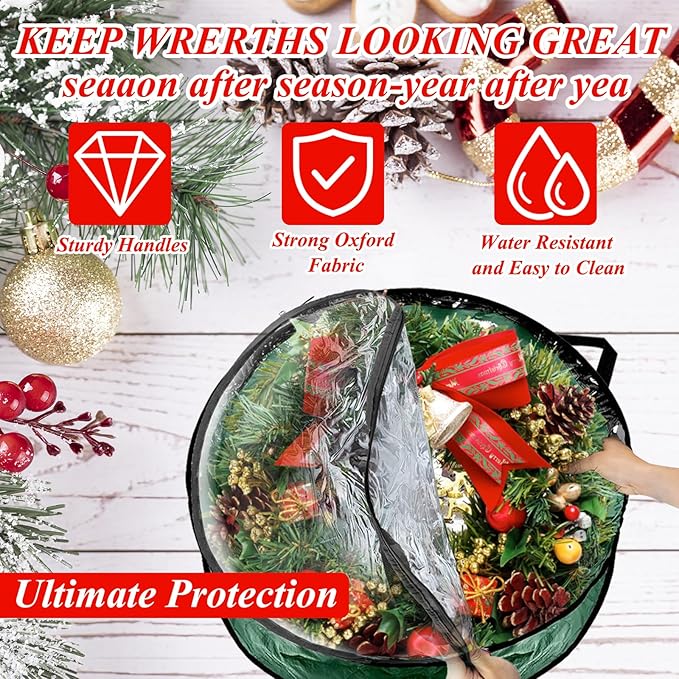 6 Pack Wreath Storage Container 30 Inch Wreath Storage Bag Clear Christmas Wreath Boxes Container with Sturdy Handles for Holiday Seasonal Decoration, Green
