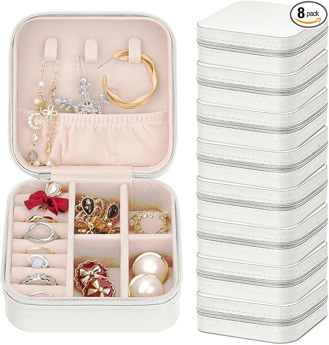 Leezmark 8 Pcs Jewelry Travel Case, Bridesmaid Gifts Set Of 6 & 8, Velvet Portable Jewelry Travel Organizer Small Jewelry Box Bridesmaid Proposal Gifts Box Mini Storage Organizer Storage Box, White