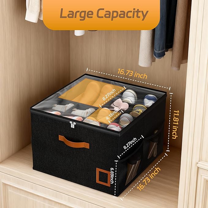 Shoe Organizer for Closet, 2 Pack Foldable Shoe Storage Organizer Box with Adjustable Dividers and Clear Cover, Space Saving Shoe Box with Reinforced Handles, Fits 16-32 Pairs, Black