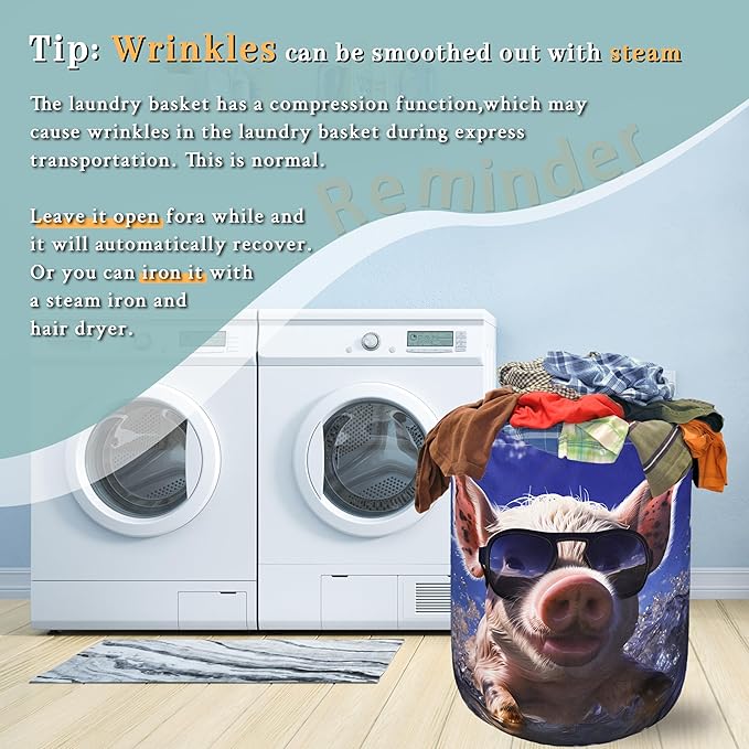 Summer Pig Laundry Hamper Foldable With Handles Cute Animal Tote Bag Oxford Cloth Funny Laundry Basket Clothes Toy Storage Bucket 18.9" x 16.5" For Bathroom/Laundry/Bedroom
