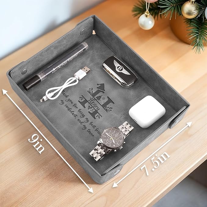 Engraved Christmas Gray Leather Valet Tray – Personalized Rectangle Catchall Organizer for Wallet, Keys, and Jewelry – Gift for Men, Dad, Couples – Dresser Top or Coffee Table Tray Decor