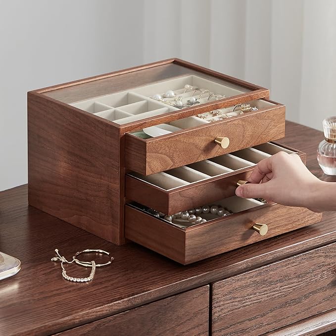 CHOSIN Black Walnut Wooden Jewelry Box for Women, 3-Layer Wood Jewelry Organizer with Glass Lid for Watches, Necklaces, Rings & Earrings Storage Valentine's Day Gifts