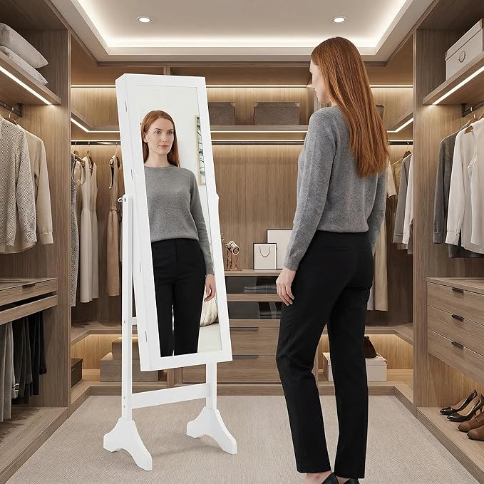 Jewelry Armoire with Full-Length Mirror, Lockable Velvet Lined Organizer with 5 Shelves, 3-Angle Adjustable Standing Mirror, 2 Keys & Bonus Pouch, Elegant White, 47.3 Inch