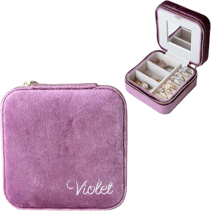 Customizable Compact Velvet Jewelry Box with Mirror, Travel Jewelry Case, Travel Jewelry Organizer, Jewelry Box for Women and Girls, Small Jewelry Organizer (Bottom Right Text, Mulberry)