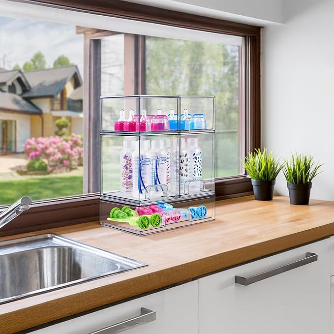 Sorbus Stackable Acrylic Storage Drawers, 8 Pack Clear Plastic Organizer Bins for Baby Bottles, Makeup, Bathroom, Vanity & Kitchen Countertop Organization, Pull-Out Drawer Design for Cabinets & Pantry