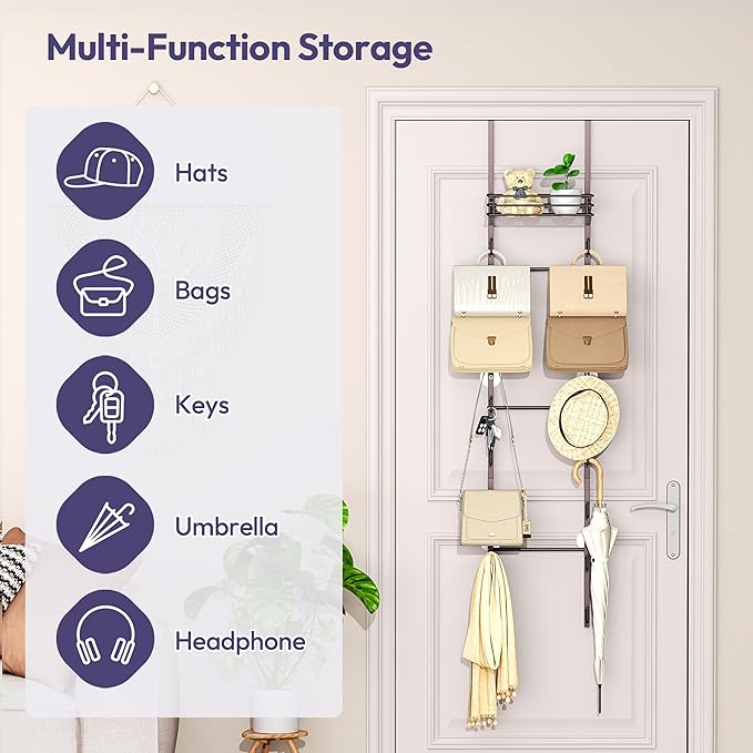 SWTYMIKI Over The Door Purse Organizer - Wall Mounted Handbag Organizer with 16 Hooks and Metal Basket, Hanging Purse Storage Rack Holds up to 16 Bags, Bag Rack Can Use As 1/2 Part, for Door, Closet