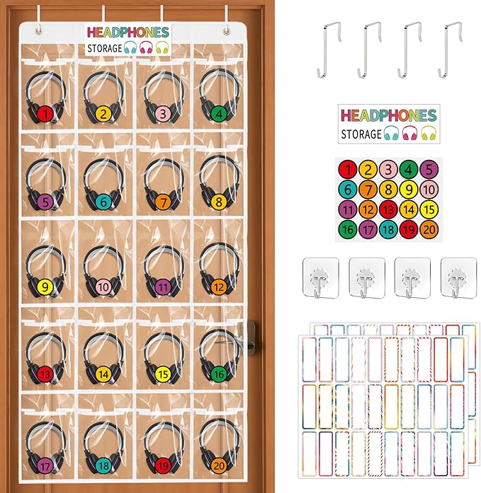 Classroom Headphone Storage Organizer with 20 Pockets, PVC Clear Headphone Holder for Classroom Storage Office School Teaching Aids Storage Home Over-the-Door Hanging Bag with 51 Labels (1pcs)