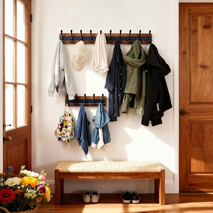 SKOLOO Rustic Wall Mounted Coat Rack - 16-7/8" Long Coat Hooks for Wall with 5 Triple Hooks for Hanging Coats, Hats or Tools, Western National Parks Collection, Wood Brown & Blue, Pack of 2