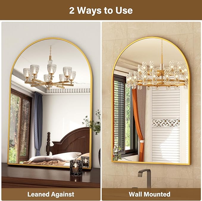 26"x38" Arched Wall Mirror for Bathroom, Gold Vanity Mirror for Bedroom, Living Room, Entryway, Decorative Hanging Mirror for Wall