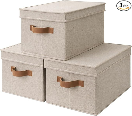 StorageWorks Storage Bins with Lids, Decorative Storage Boxes with PU Handles, Foldable Storage Baskets for Closet, Shelves, Stackable, Brown and Beige, Large, 3-Pack