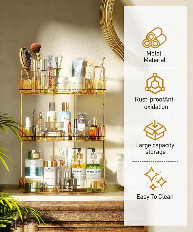 3-Tier Corner Bathroom Counter Organizer Makeup Cosmetic Storage, Tool-Free Installation Acrylic Vanity Shelf, Countertop Storage Organizers Perfume Tray for Bathroom, Dresser, Kitchen (Gold)