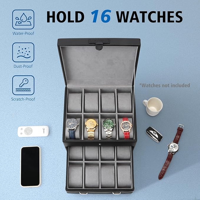 SANZIE 16-Slot Watch Box for Mens Watch Case with Removable Watch Pillows, Watch Holder Organizer Watch Storage with Grey Lining & Black Synthetic Leather (Black)
