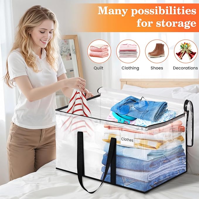 Extra Large Heavy Duty Moving Bags, Storage Bags with Strong Zippers & Handles, Packing Bags for Moving Essentials, Ideal Storage Tote for Home, Dorm & Storage Solutions, 76L-10 Packs, Clear