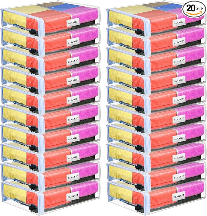 Kenning Set of 20 Clear Zippered Storage Bags for Sheet Organizer Plastic Sweater Bags with Handle Pocket Vinyl Bag for Bed Blanket Throw Pillow Toys(White,11 x 15 x 4 Inch)