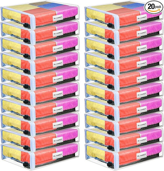 Kenning Set of 20 Clear Zippered Storage Bags for Sheet Organizer Plastic Sweater Bags with Handle Pocket Vinyl Bag for Bed Blanket Throw Pillow Toys(White,11 x 15 x 4 Inch)