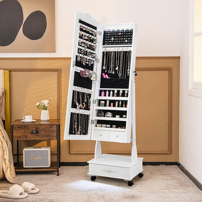 CHARMAID Rolling Jewelry Armoire with Full Length Mirror, Lockable Stand up Jewelry Cabinet with Lights and Wheels, Standing Jewelry Organizer with Drawers, Mirror with Jewelry Storage (White)