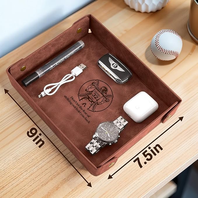 Personalized Baseball Valet Tray – Engraved PU Leather Catchall in Light Coffee – Custom Name Nightstand Organizer for Keys, Wallet, Jewelry, and Essentials – Unique Gift for Baseball Fans