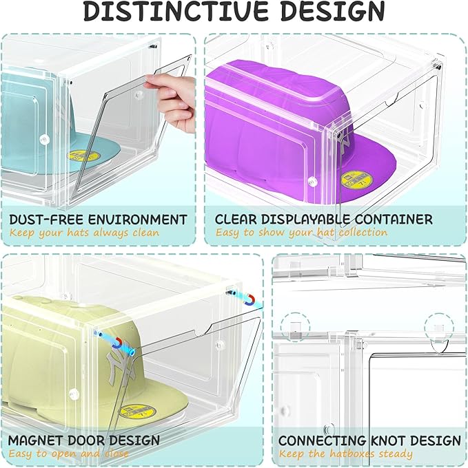 6 Pack Hat Organizer Box, Stackable Clear Baseball Caps Holder Box Containers with Magnetic Door for Hats Snapback Cap Storag, Hat Rack Display Case, Holds 8 Hats Each (Clear)