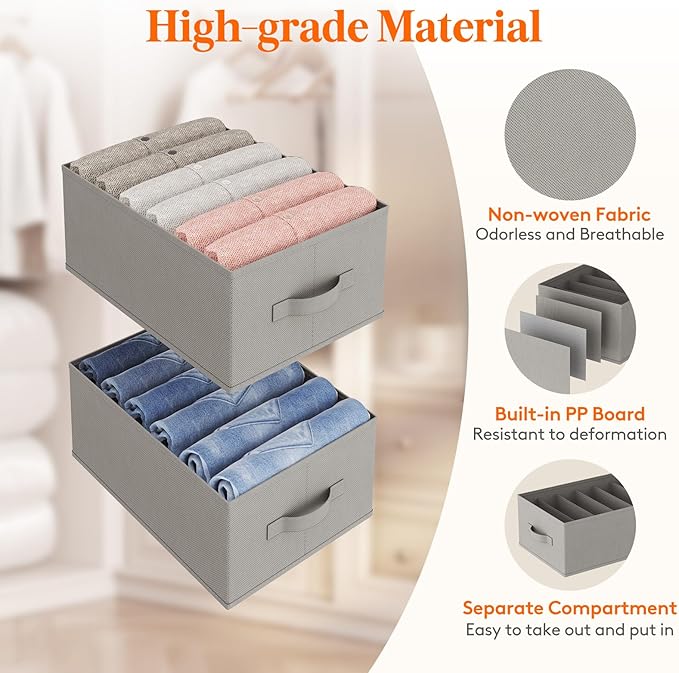 Lifewit Wardrobe Organizer Clothes, Jean Organizers for Closet with Support Board 6 Compartment Foldable Closet Drawer Storage 16.5 x 10.6 x 6.7 Inches for Pants, T-Shirts, Sweater, Legging, 6-Pack
