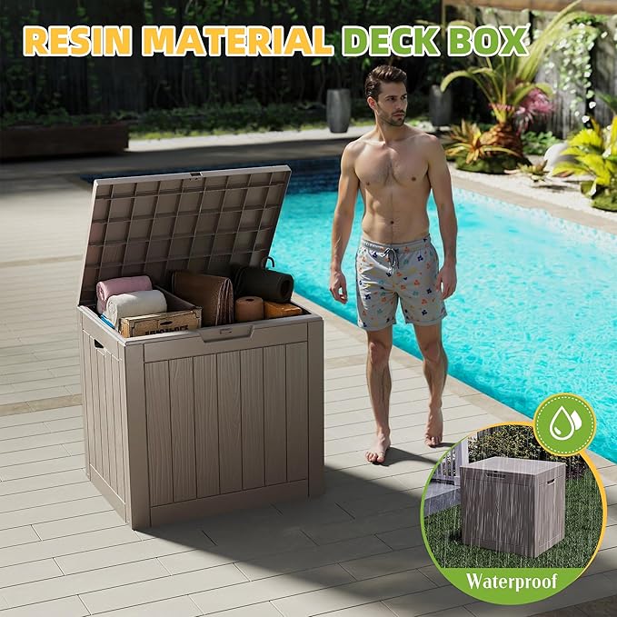 Vixzen 30 Gallon Waterproof Resin Deck Box, UV Resistant Outdoor Storage for Garden, Patio, Porch, Delivery, （Grey，30 Gallon）
