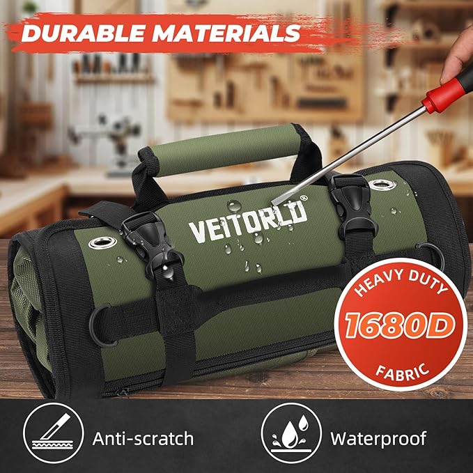 Tool Roll Up Bag, Gifts for Him Men Dad Husband Boyfriend Valentines Day, 1680D Portable Tool Storage for Men, Heavy Duty Tool Organizer with Detachable Pouches&Wrench Roll for Mechanic