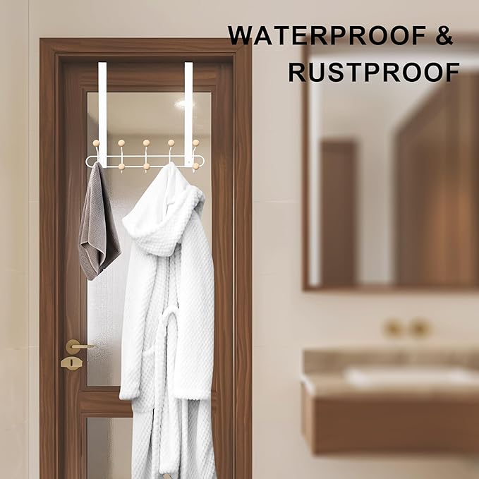 2 Pack Over The Door Hooks(13.8" H) with 10 Wooden Knobs, Over Door Hanger, Heavy Duty No Drill Hanger for Towels, Coats, Hats, Bags in Bathroom, Bedroom, Kitchen, Living Room
