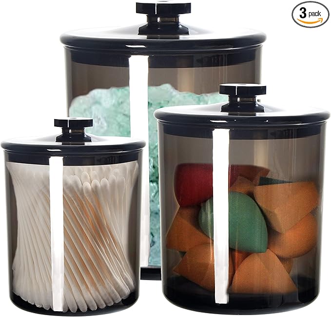 Youngever Black Plastic Apothecary Jars, Qtip Holder, Cotton Swab Holder, Bathroom Vanity Organizer for Cotton Balls, Cotton Pads, Qtips (3 Sets)