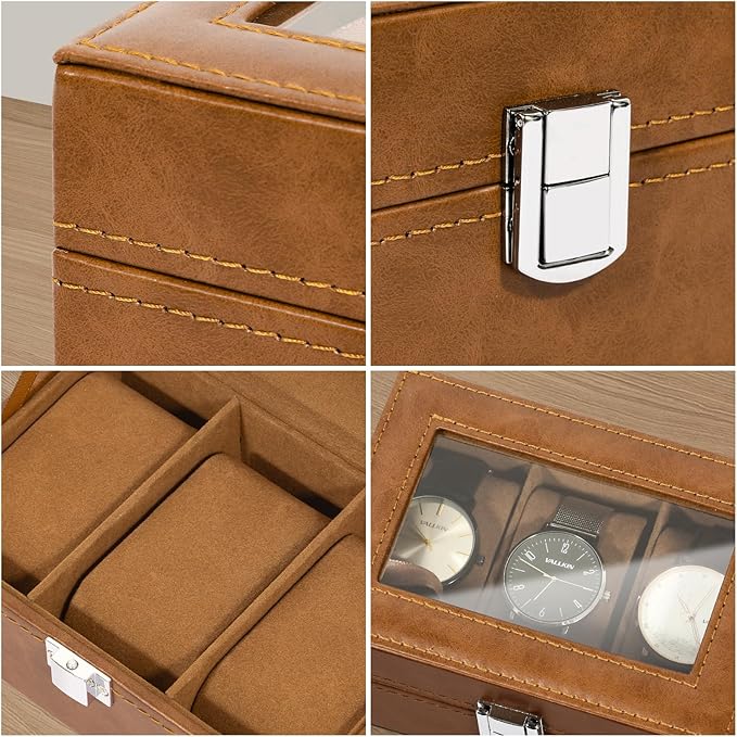 Uten 3-Slot Watch Box, PU Leather Watch Case with Glass Lid, Watch Holder Organizer with Soft Pillow and Velvet Lining, Watch and Jewelry Storage Box, Brown