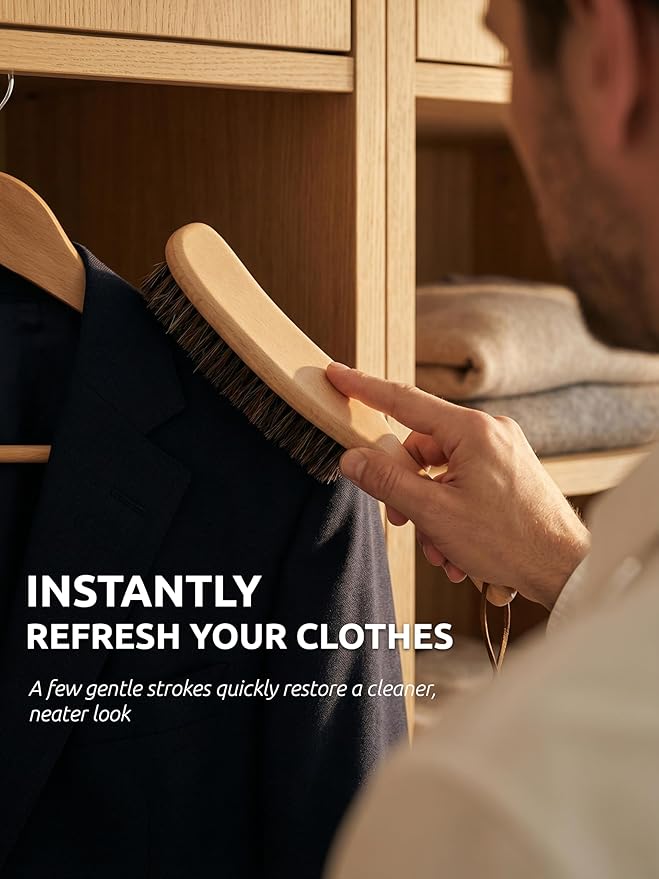 Lint Brush for Clothes with 100% Soft Horse Hair Bristle, Large Beech Wood Handle, Lint Remover for Hat, Pet Hair, Suits, Cashmere, Wool, Velvet, Suede, Shoe