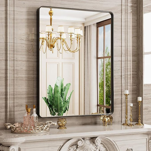 Black Bathroom Mirror 24X36 Inch, Black Metal Framed Mirror for Wall, Rounded Rectangle Matte Bathroom Vanity Mirror with Tempered Glass, Anti-Rust, Horizontal/Vertical