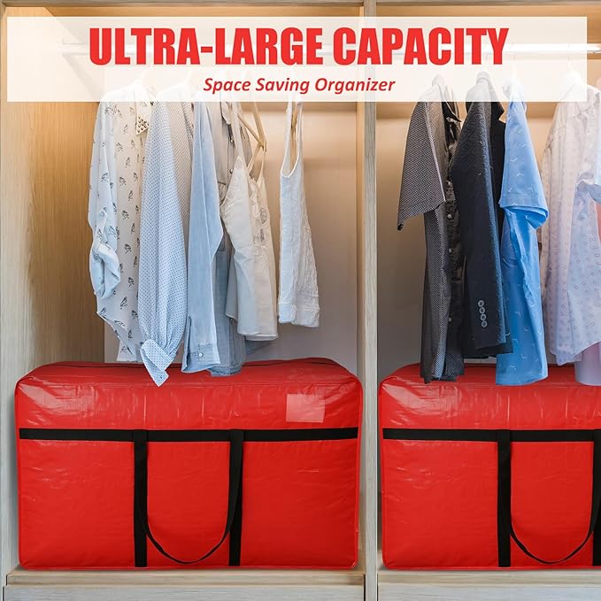 6 Pcs 66 Gallon Large Moving Bags with Zipper and Handles Christmas Tree Bags Foldable Heavy Duty XXL Totes for Christmas 4, 5, 7.5, 9, 10, 12 ft Tree Skeleton Blankets Storage (Red)