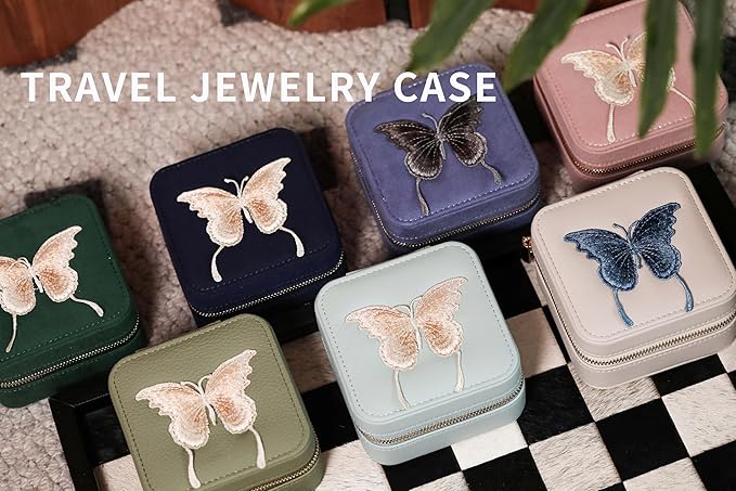 S.Leaf Travel Jewelry Organizer Boxes for Women Small Portable Necklace Earrings Bracelet Rings Travel Case Best Friend Birthday Gifts for Women Trendy (Butterfly_Fadegreen_Gray)