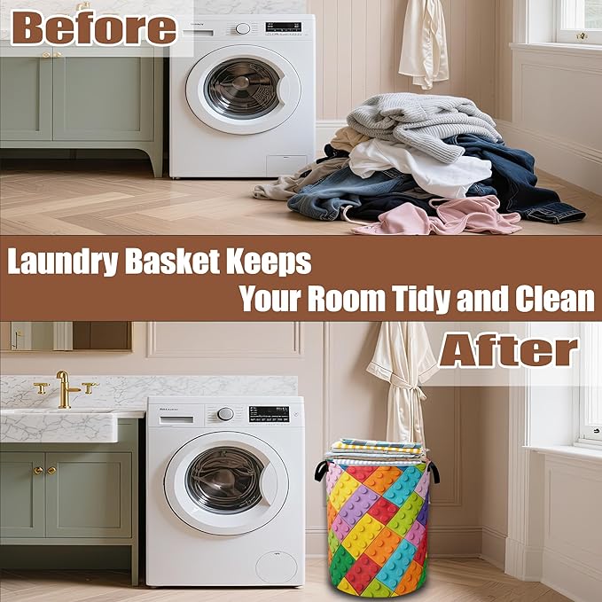 Colorful Building Blocks Laundry Basket,Waterproof Foldable Laundry Hamper,Dirty Clothes Baskets, Linen Bin Storage Organizer Collection 16" x 20.8"