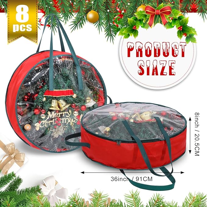 Shappy 8 Pcs Christmas Wreath Storage Bag Clear Wreath Box Wreath Storage Containers with Clear Window and Handle Christmas Garland Storage Containers for Xmas Holiday Seasonal Storage (36 Inch)