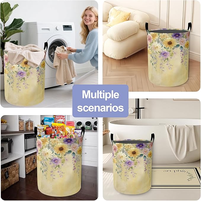 Yellow Wisteria Flowers Laundry Basket-Large Foldable Hamper Holder Portable Tall Collapsible Laundry Hamper Storage Basket Bin with Handles, Canvas & Waterproof lining for Household Items