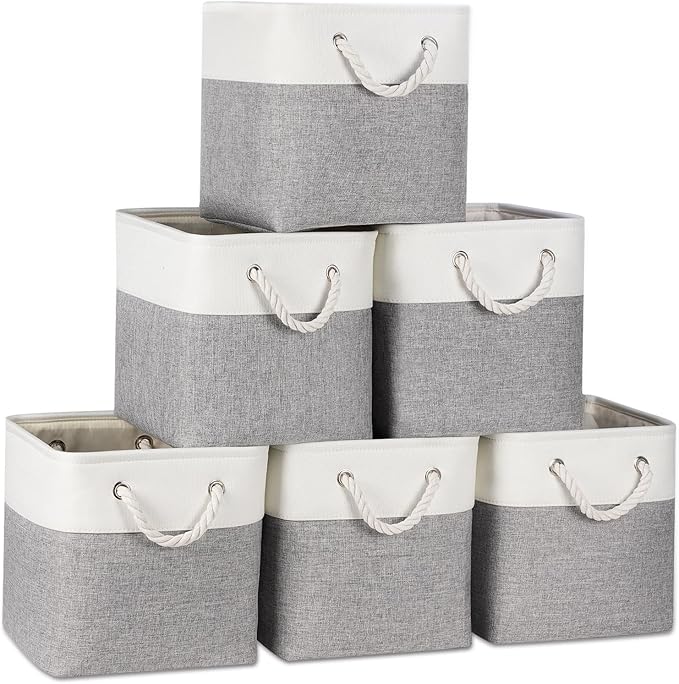 Temary 11 Inch Cube Storage Bins - 6 Pack Foldable Fabric Storage Baskets with Soft Rope Handles, Sturdy Organizer Cubes with Metal Frame for Shelves, Closet, Office & Home Organization (White&Grey)