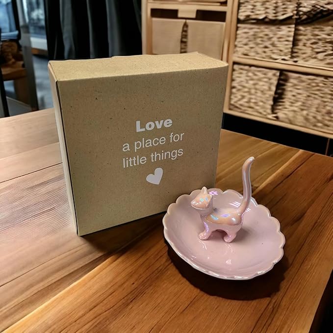 ROSA&ROSE Cat Ring Holder Trinket Tray Ceramic Jewelry Dish Porcelain Ring Organizer Gift for Women, Girlfriend or Valentine's Day (Pink)