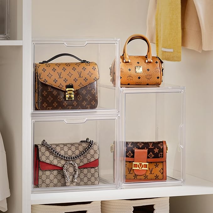 HBlife 5 Pack Purse Storage Organizer for Closet, Medium Clear Stackable Handbag Display Case Box with Magnetic Door for Collectibles, Cosmetics, Women Heels and Toys