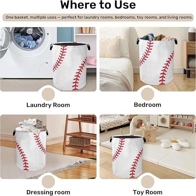 Baseball Large Clothes Hamper Bag - Laundry Basket with Handles, Space Saving Foldable Design for Nursery