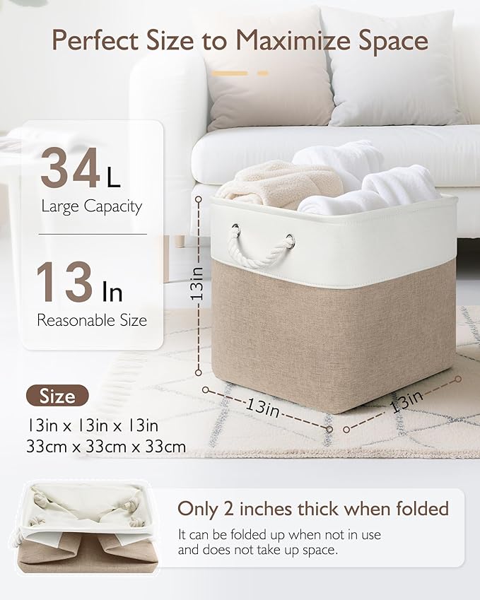 13x13x13 Storage Cube Bins,Set of 4, Large Foldable Fabric Storage Cubes with Handles for Organizing Home, Closet, Shelf, Office(White&Khaki)