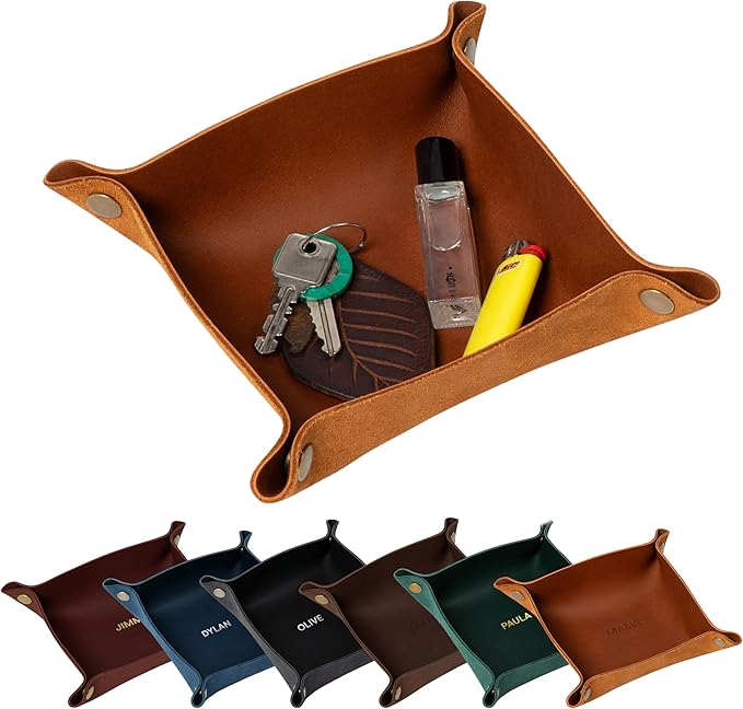 Northwind Personalized Leather Valet Tray – Custom Engraved Full Grain Leather Catchall Tray for Men, Handmade in USA Desk Organizer & Groomsmen Gift, Perfect Storage for Nightstand, Dresser