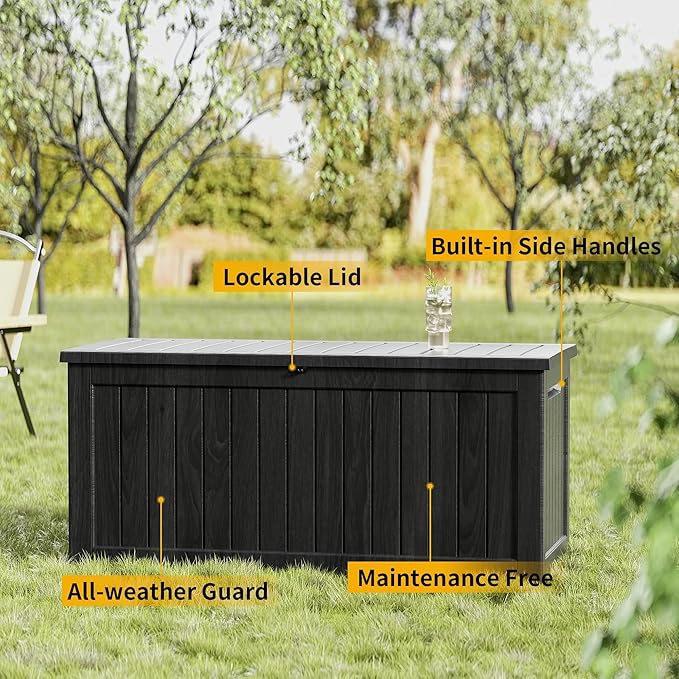 Heavy-Duty 270 Gallon Waterproof Deck Storage Box, Outdoor Storage for Garden & Patio, Lockable Resin Storage Chest Accessories, UV-Resistant, Onyx Black