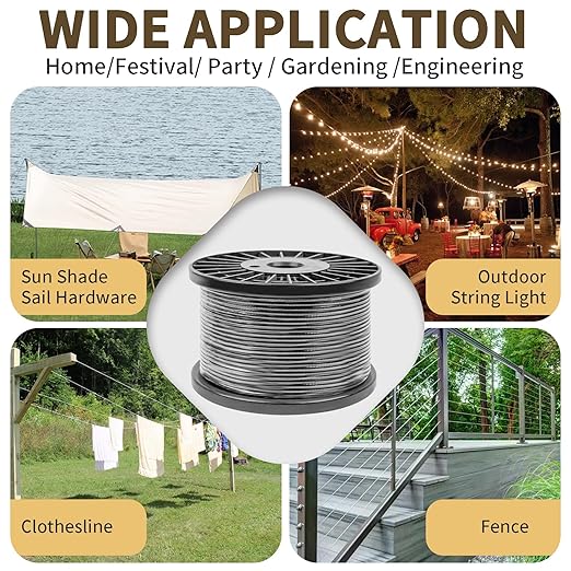 1/16" Black Wire Rope Kit 100FT 304 Stainless Steel Vinyl Coated with M5 Turnbuckles, 7x7 Strand Core Aircraft Cable for String Light, Picture Hanging, Clothesline, Curtain, and Plant Trellis
