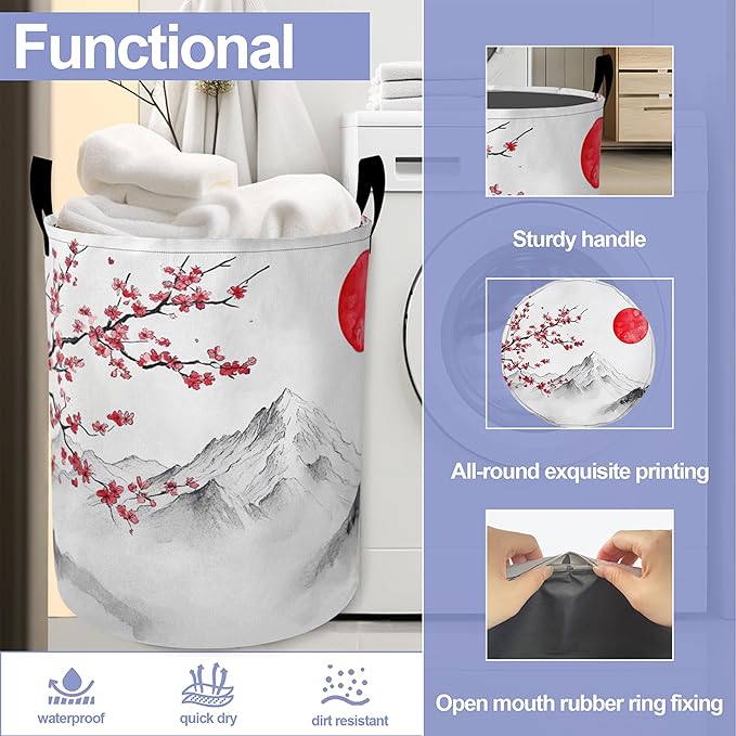 Japan Fuji Mountain Laundry Basket, Cherry Oxford Cloth Laundry Hamper With Handle Foldable Portable Clothes Storage Basket Storage Bag For Laundry Room/Bathroom/Bedroom/Dormitories