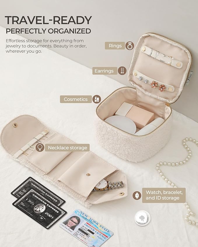 Travel Jewelry Case, 2-In-1 Small Jewelry Organizer Travel Jewelry Storage with Foldable Jewelry Roll for Earrings Rings Makeup, Travel Essentials Gifts for Women Girl,Cream White