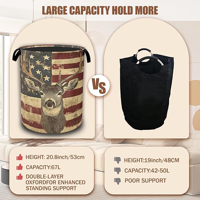 Laundry Hamper,American Flag Deer Laundry Baskets,Waterproof Oxford Cloth Toy Storage for Bedroom,Bathroom,Nursery,16x20.8 Inch