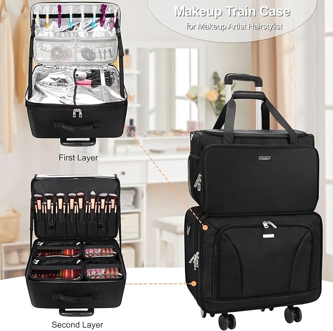 MONSTINA Rolling Train Case with Wheels, Extra Large Makeup Bag with 4 Bags Professional Hairdressing Bag Hairstylist Travel Bag Cosmetology Case on Wheels for Makeup Artist Hairstylist