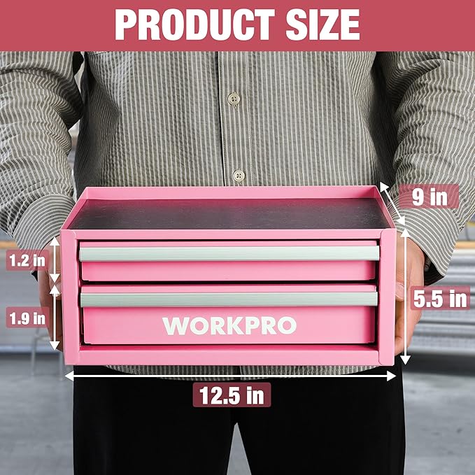 WORKPRO 12.5" Mini Tool Box with 2 Drawers & 1 Open Top Storage, Small Metal Tool Chest with PVC Liners & PP Feet Pads, Cold Rolled Steel Toolbox with Drawer Liners & Magnetic Tabs - Pink Ribbon